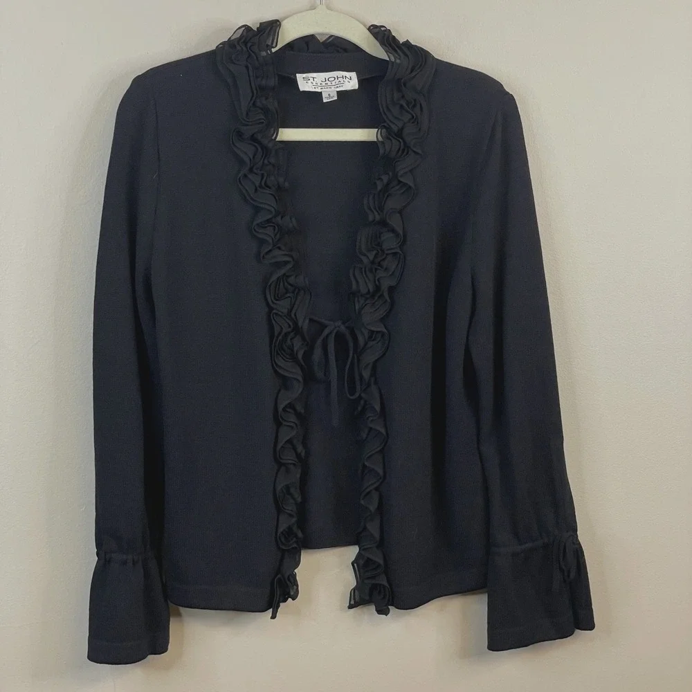 St.John Essentials Ruffled SilkRich Santana Knit Cardigan 6 Black Jacket Luxury